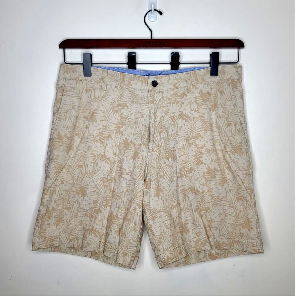 Tasso Elba Island khaki cotton linen blend tropical print flat front shorts - 38